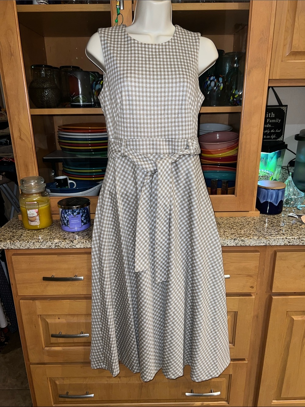 Calvin Klein Gray Gingham Sleeveless Midi Dress with Waist Tie